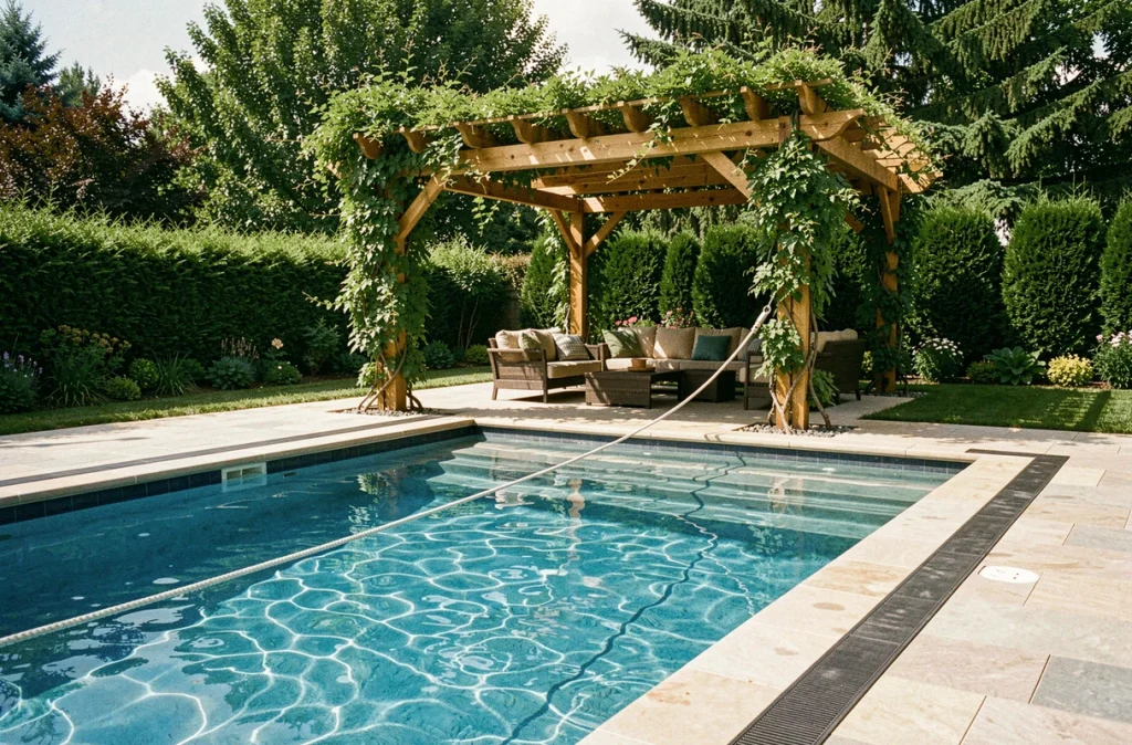 Aménagement complet des abords de piscine avec pergola en bois, corde de sécurité et bandes antidérapantes