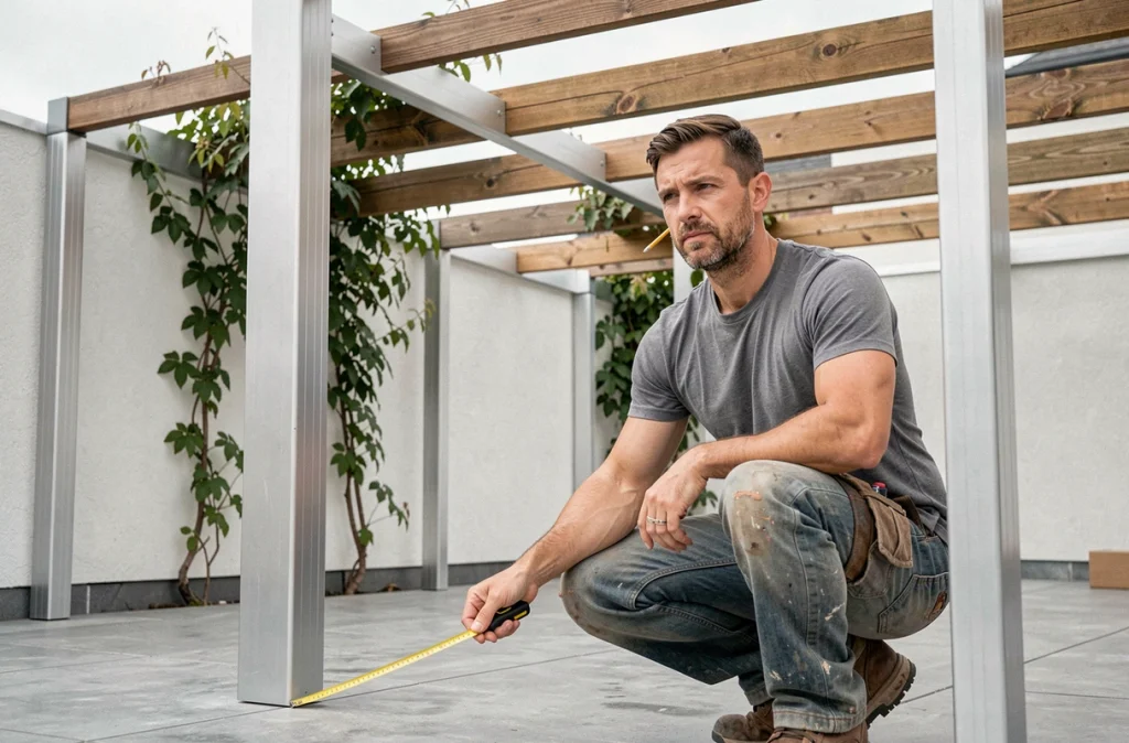 Artisan menuisier mesurant les poutres d'une pergola moderne sur une terrasse contemporaine