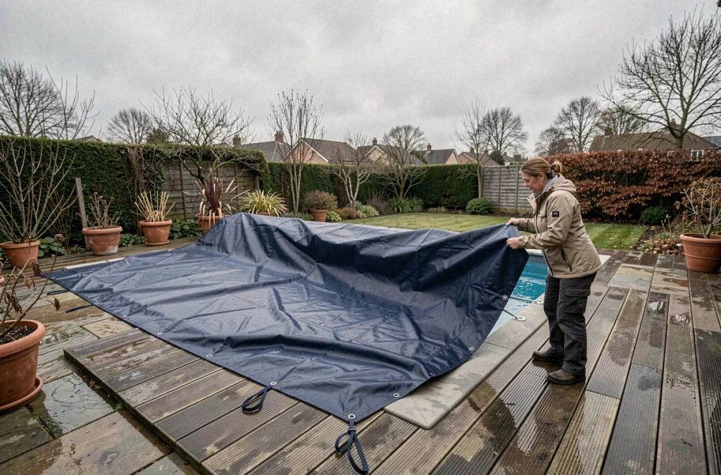 Femme installant une bâche hivernale sur une piscine extérieure avant l'hiver