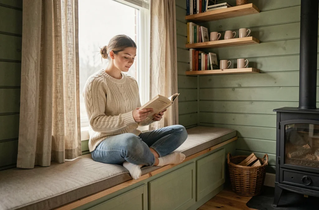 Femme lisant dans un coin banquette avec rangements intégrés dans un petit chalet scandinave optimisé