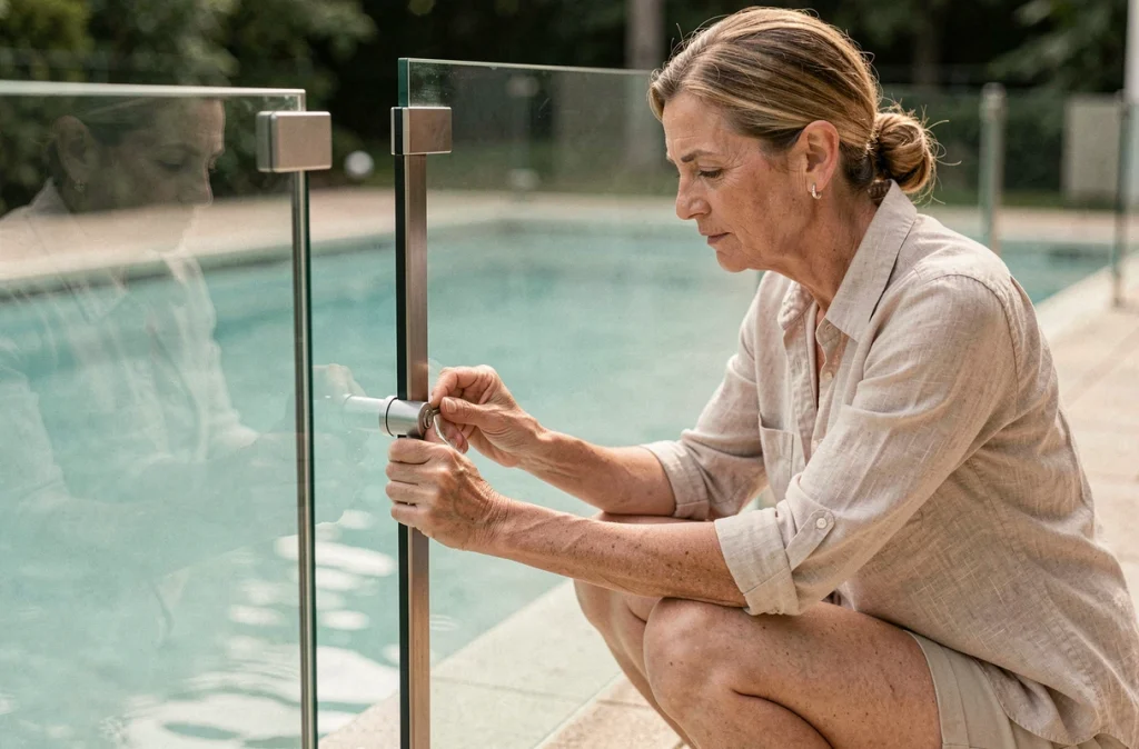 Femme vérifiant le verrou d'une barrière de sécurité en verre autour d'une piscine extérieure