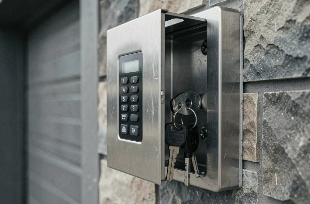 Boîte à clés murale en acier inoxydable avec clés à l'intérieur, installée sur un mur extérieur en pierre