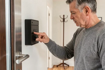 Homme entrant un code sur une boîte à clés murale noire installée près d'une porte d'entrée moderne