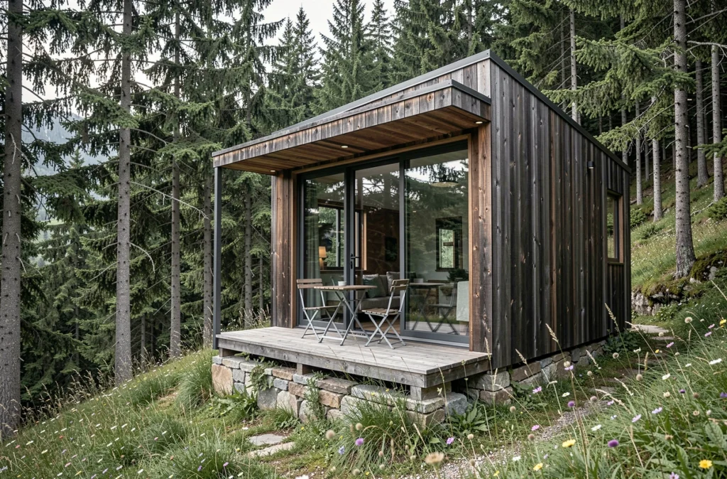Petit chalet habitable moderne en bardage bois sombre avec terrasse compacte intégrée dans un environnement montagnard