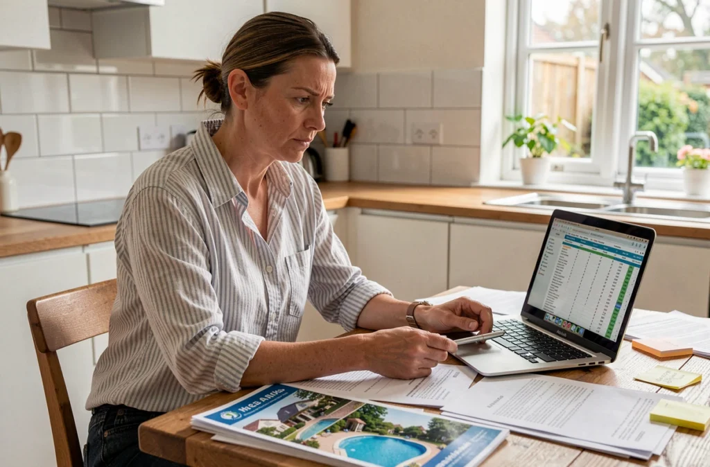 Femme comparant des catalogues de prix de piscines et des devis à la table de sa cuisine