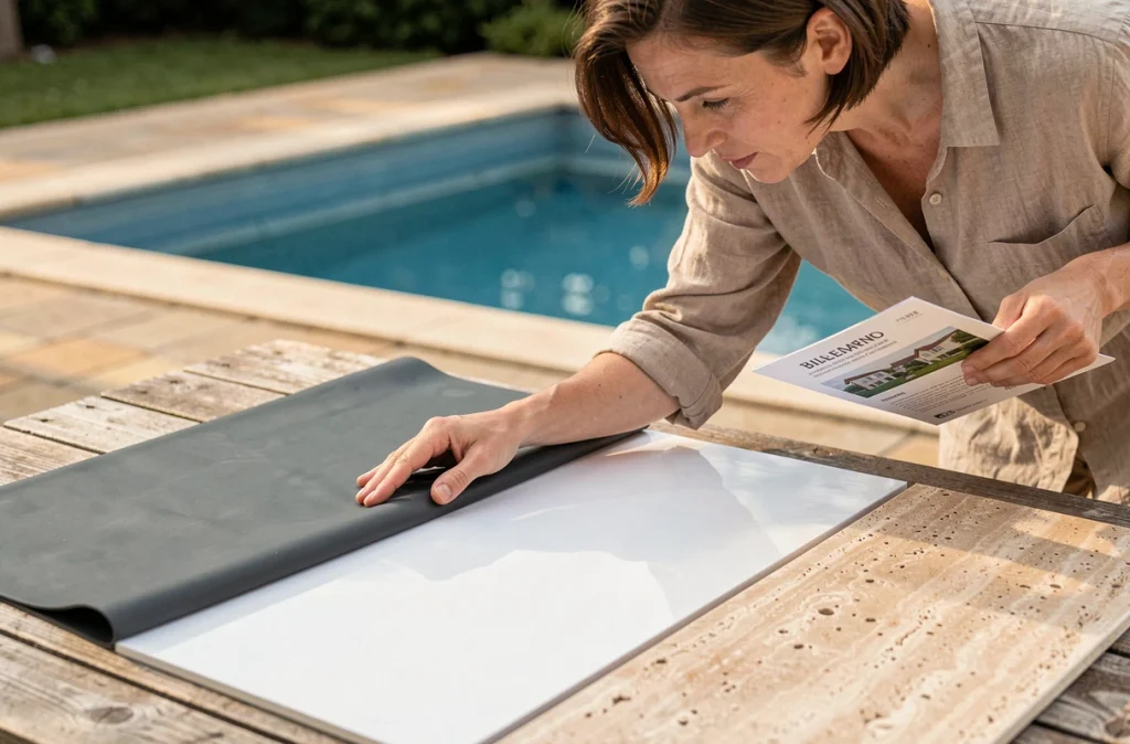 Femme comparant des échantillons de revêtements de piscine liner vinyle enduit polyester et pierre naturelle travertin posés sur une table en bois