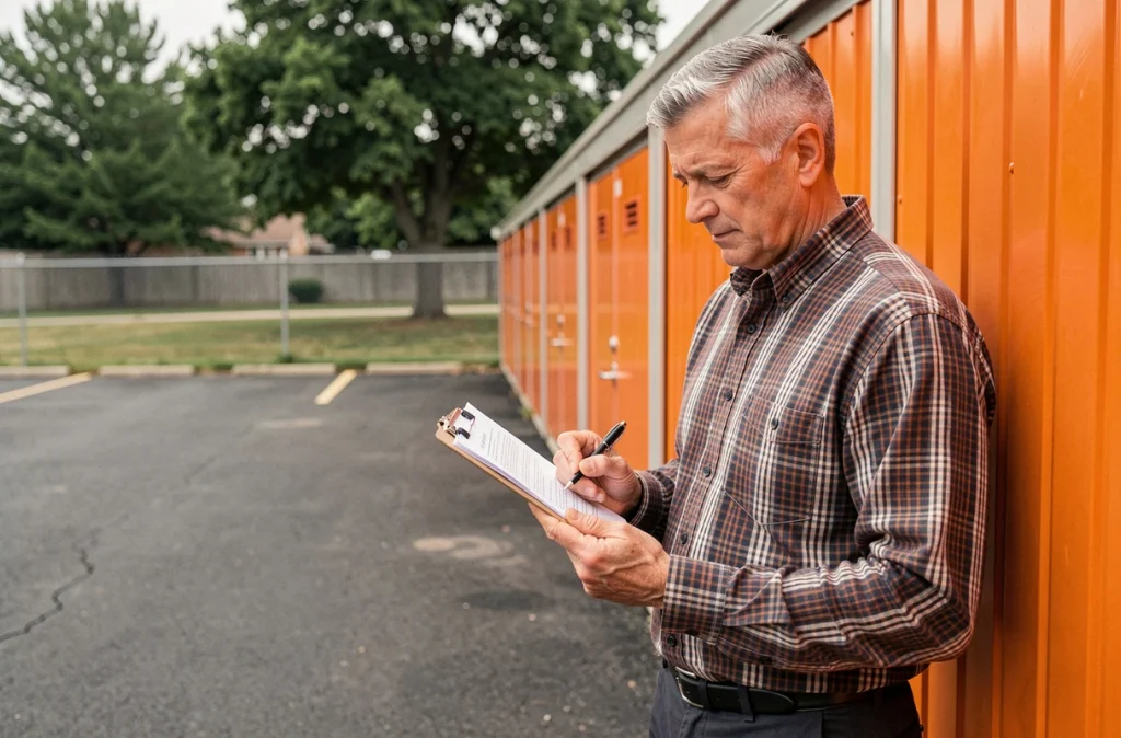 Homme consultant un contrat de location de box de stockage devant des unités de garde-meuble extérieures