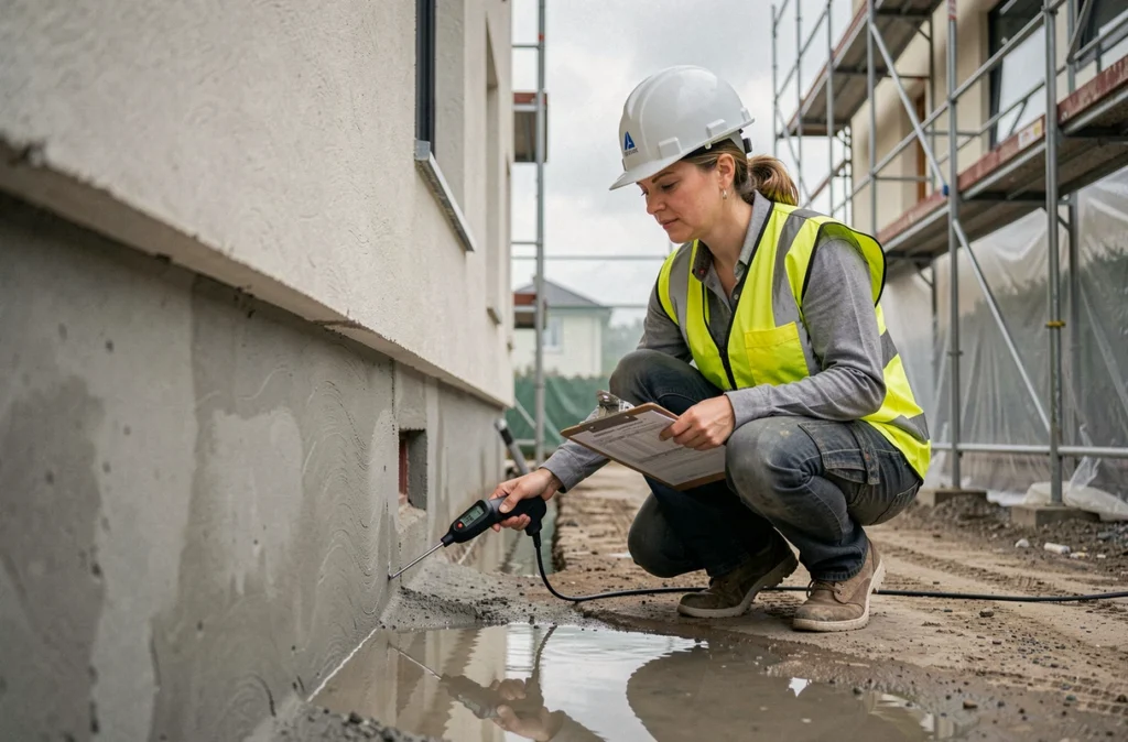 Contrôleuse de chantier mesurant le taux d'humidité d'un enduit frais sur façade en béton