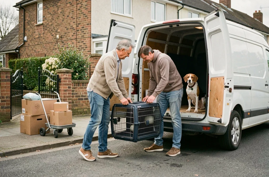 Couple déchargeant un camion de déménagement avec leur chien beagle dans une caisse de transport sécurisée