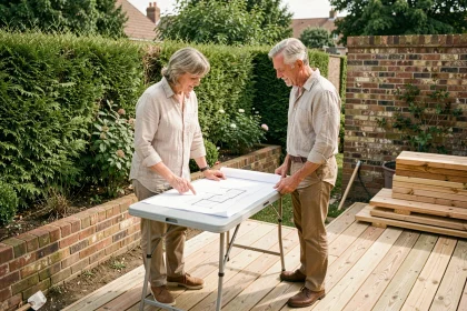 Couple examinant les plans de leur projet de terrasse en bois dans un jardin de maison individuelle