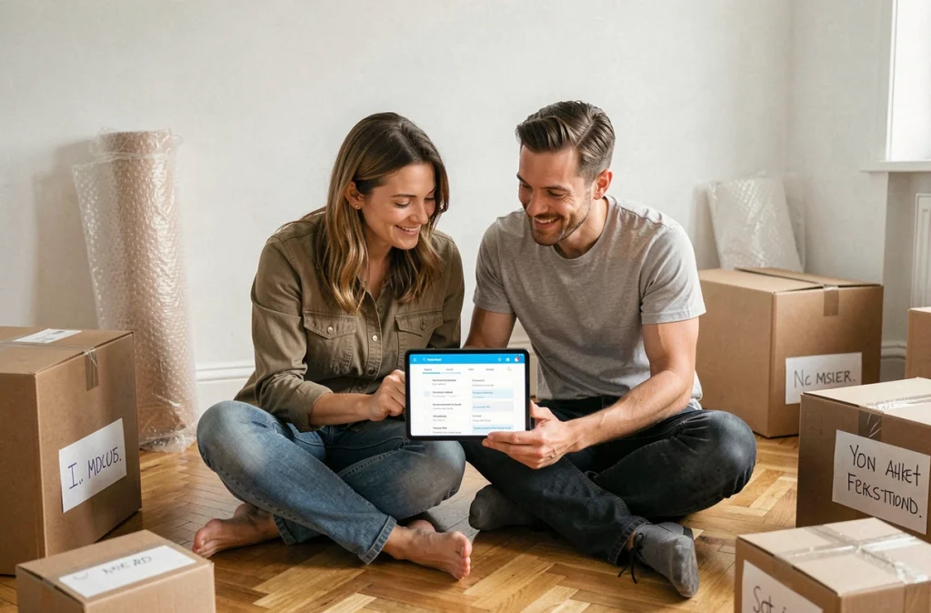 Couple consultant une liste de démarches administratives sur tablette entouré de cartons de déménagement