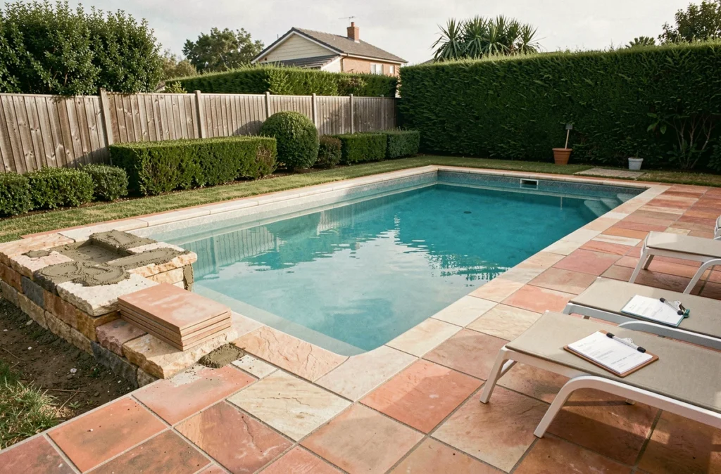 Piscine résidentielle nouvellement construite avec travaux inachevés et coûts cachés visibles autour du bassin