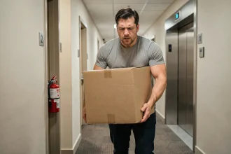 Homme portant un carton dans le couloir d'une copropriété lors d'un déménagement