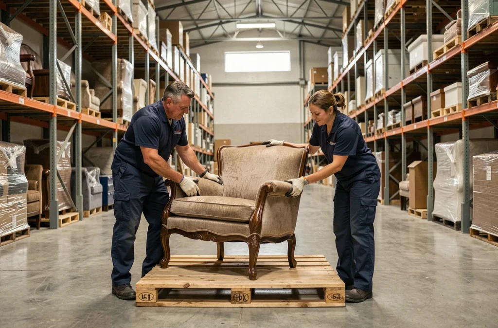 Déménageurs professionnels chargeant un fauteuil sur palette dans un entrepôt de stockage de meubles