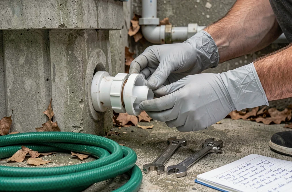 Gros plan sur la dépose du système de filtration d'une piscine lors de l'hivernage