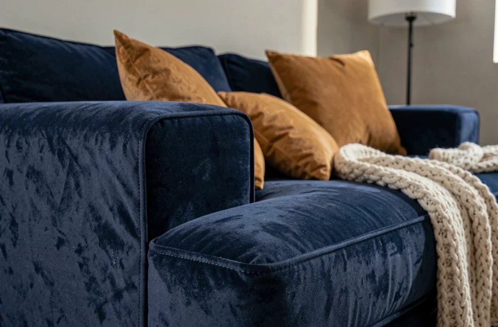 Détail d'une housse de canapé en L en velours bleu marine avec coussin ocre sur canapé d'angle
