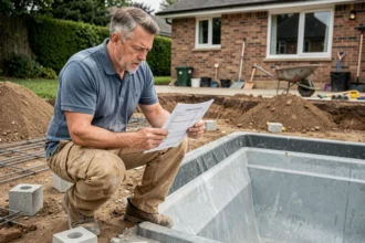 Entrepreneur étudiant un devis de construction de piscine sur un chantier en cours dans un jardin résidentiel