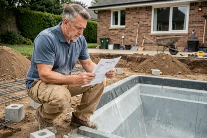 Entrepreneur étudiant un devis de construction de piscine sur un chantier en cours dans un jardin résidentiel