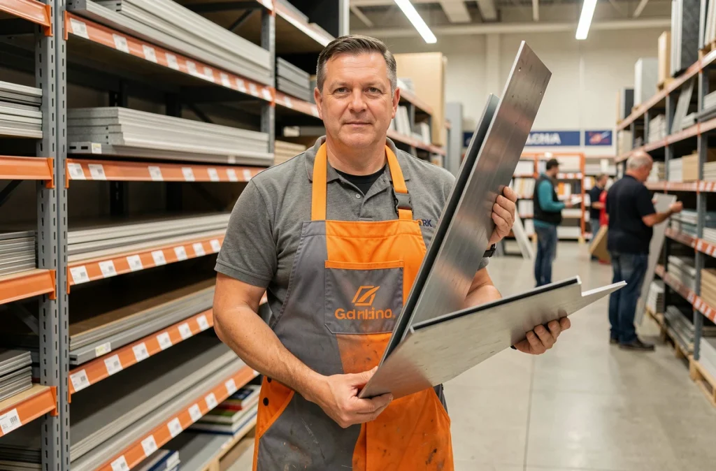 Employé de magasin de bricolage tenant une tôle acier 2 mm en rayon