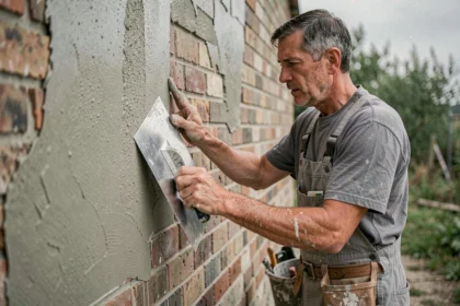 Plâtrier appliquant un enduit sur mur humide par temps couvert avec une taloche inox
