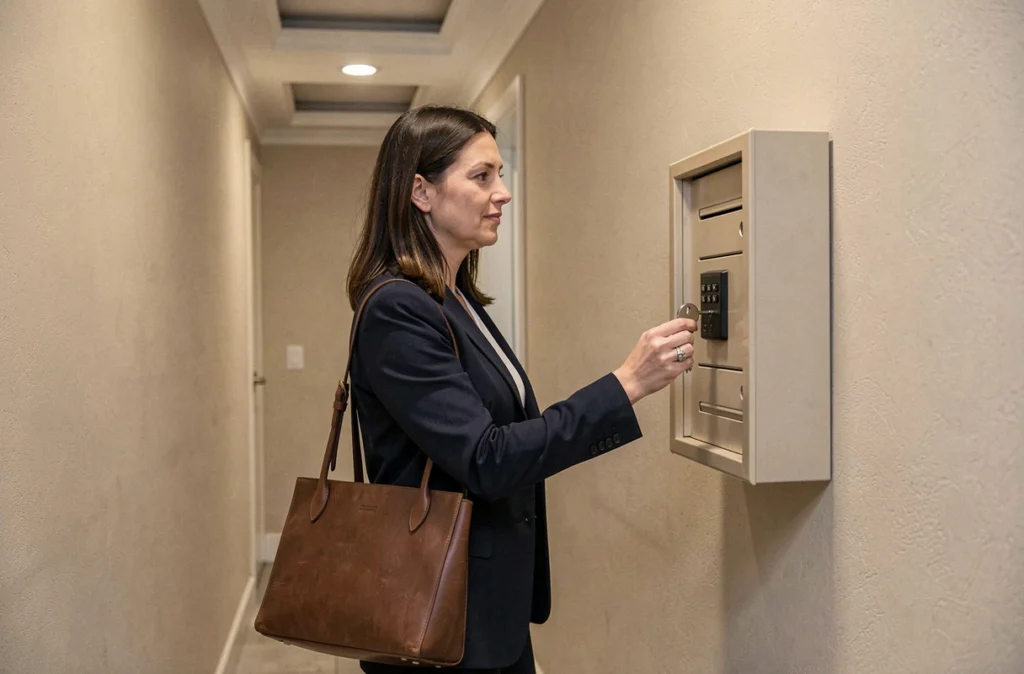 Femme récupérant une clé dans une boîte à clés murale à code dans un couloir d'immeuble moderne