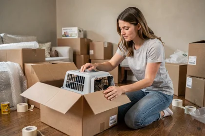 Femme préparant son chat dans une caisse de transport lors d'un déménagement, entourée de cartons