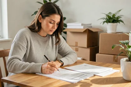 Femme remplissant des formulaires administratifs pour transférer ses contrats lors d'un déménagement