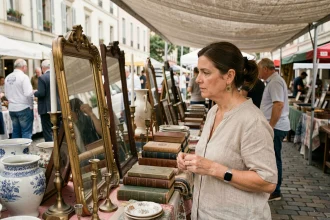 Femme inspectant un miroir doré ancien sur un marché brocante en plein air avec objets vintage et décoration unique