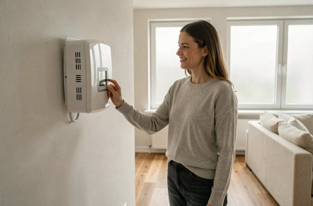 Femme réglant le thermostat d'une pompe à chaleur installée dans un salon moderne