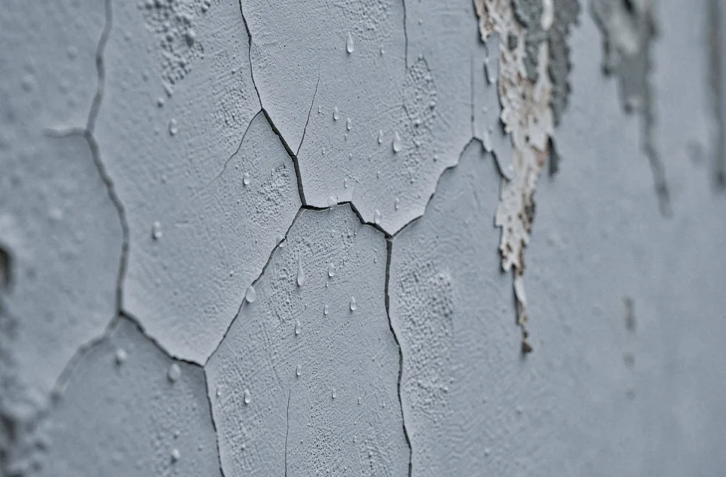 Gros plan sur surface d'enduit frais fissuré et humide en cours de séchage sur mur extérieur