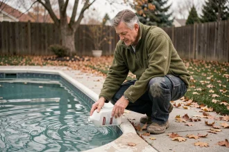 Homme ajoutant des produits hivernants dans une piscine en automne pour préparer l'hivernage