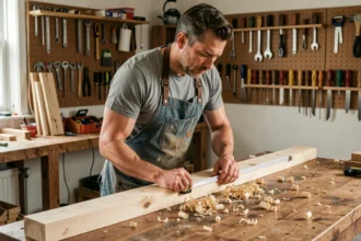 Homme bricoleur mesurant une planche en bois dans un atelier fait maison bien organisé, illustration d'apprentissage du bricolage en 2026
