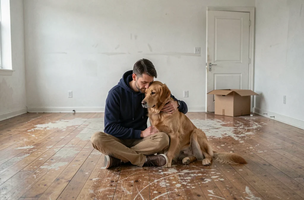 Homme réconfortant son chien golden retriever dans un appartement vide pendant un déménagement