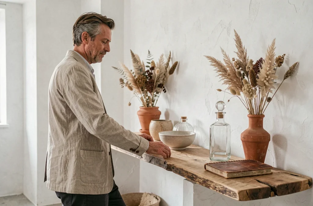 Homme arrangeant des objets chinés en brocante sur une étagère en chêne pour une décoration intérieure unique