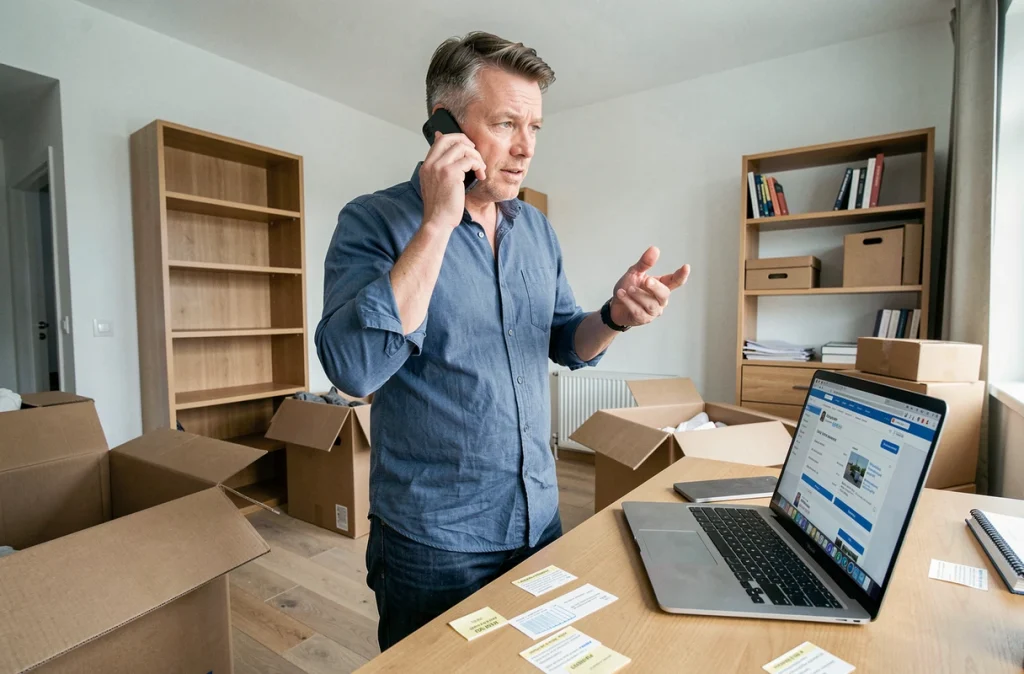 Homme au téléphone gérant le transfert de ses contrats d'électricité et internet pendant un déménagement