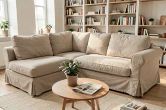 Housse de canapé en L beige en lin installée sur un canapé d'angle dans un salon scandinave moderne