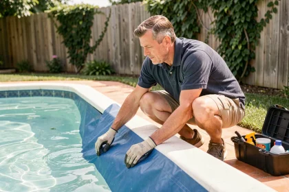 Homme inspectant le liner de sa piscine extérieure en appuyant sur les joints de la membrane vinyle