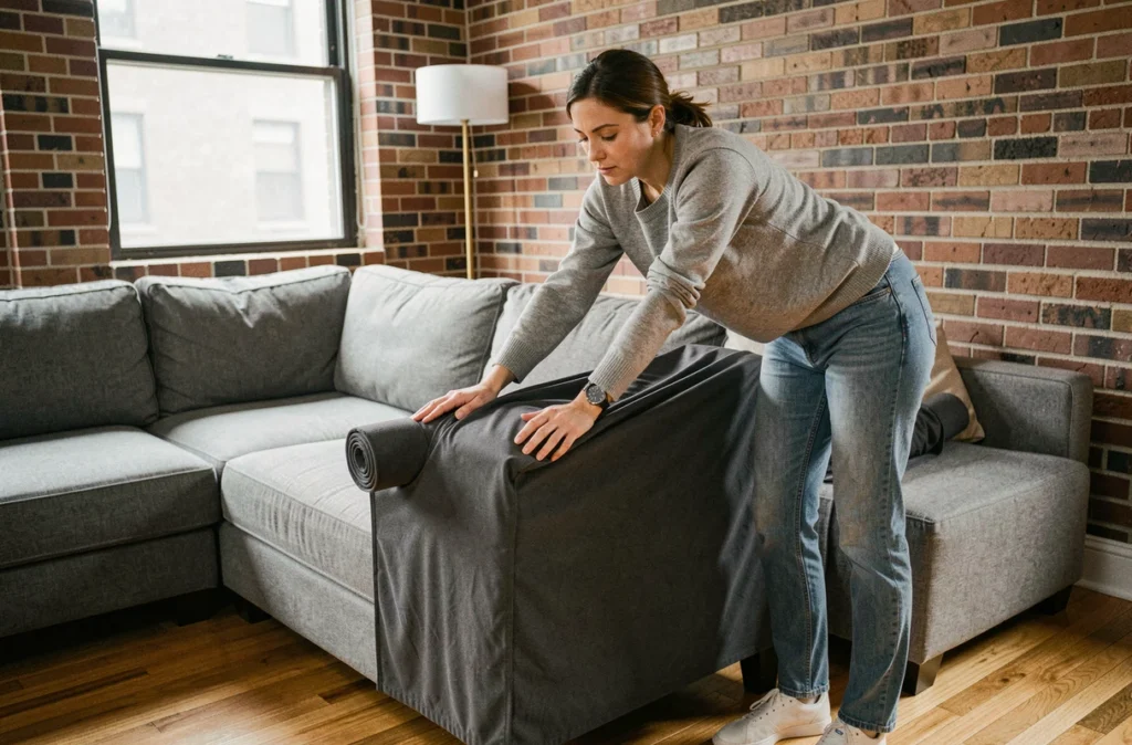 Femme en train d'installer une housse de canapé d'angle grise dans un appartement urbain