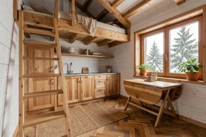 Intérieur optimisé d'un petit chalet en bois avec mezzanine, cuisine intégrée sous escalier et espace de vie fonctionnel