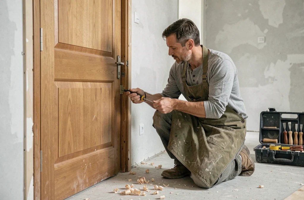 Menuisier en train d'installer une paumelle sur une porte en bois dans un couloir en cours de rénovation