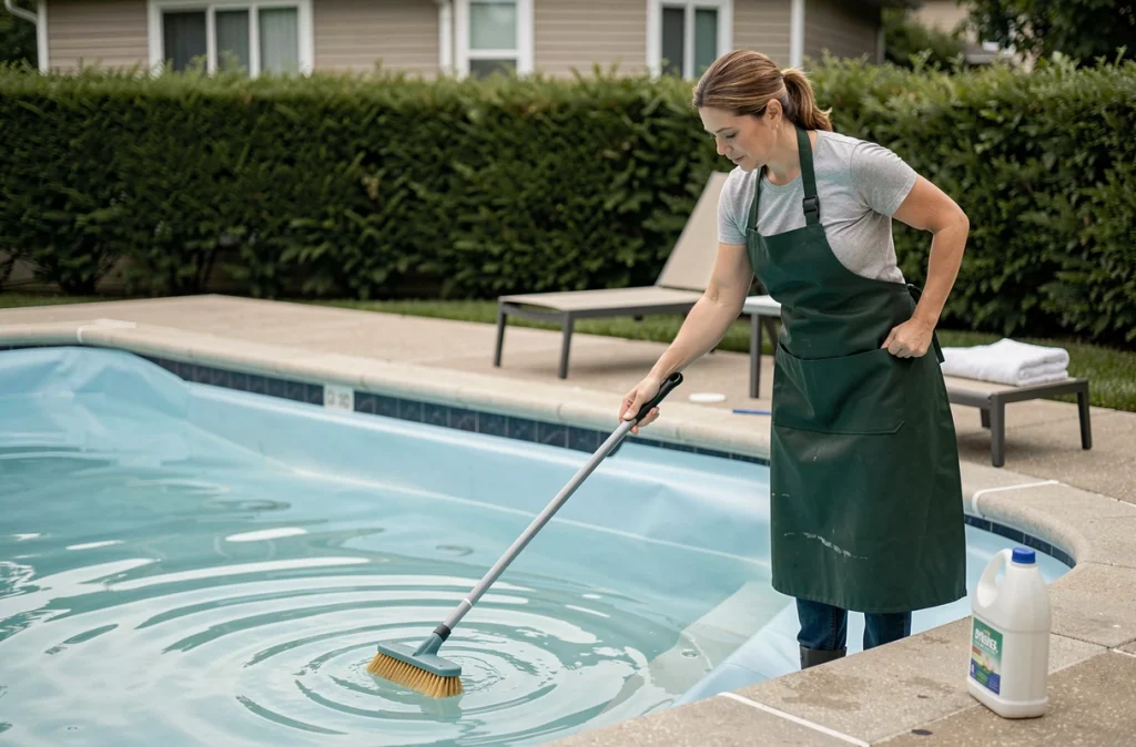 Femme nettoyant le liner de piscine avec une brosse longue pour prévenir les dépôts calcaires