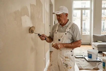 Peintre professionnel appliquant de la peinture beige au rouleau sur un mur intérieur lors d'un chantier de rénovation