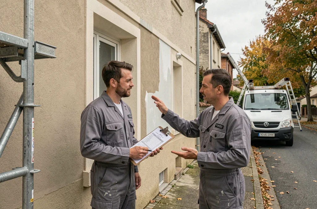 Deux peintres en bâtiment discutant d'un devis de pose de peinture devant une façade de maison en rénovation
