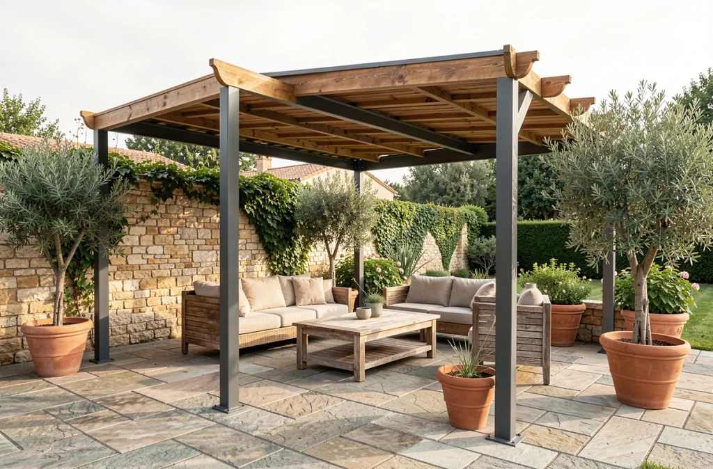 Pergola en bois composite et acier aménagée sur une terrasse en pierre avec mobilier de jardin