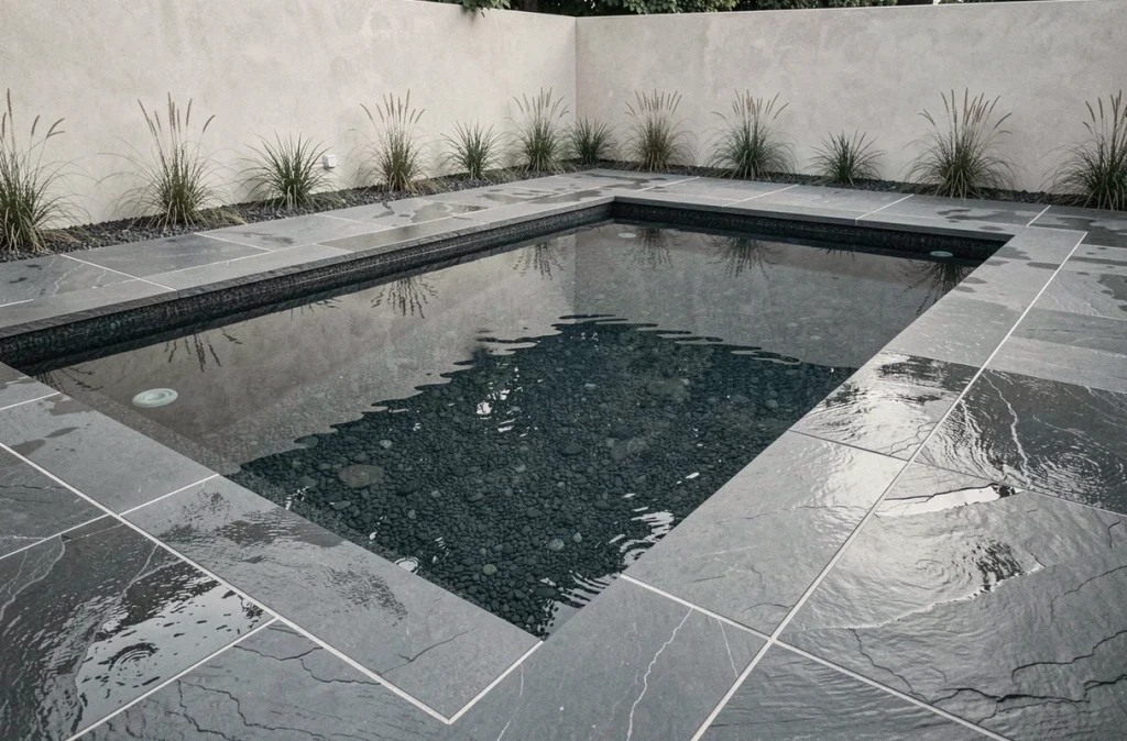 Piscine enterrée achevée avec revêtement en granit lavé anthracite garantissant étanchéité et esthétique contemporaine entourée d'une terrasse en ardoise naturelle