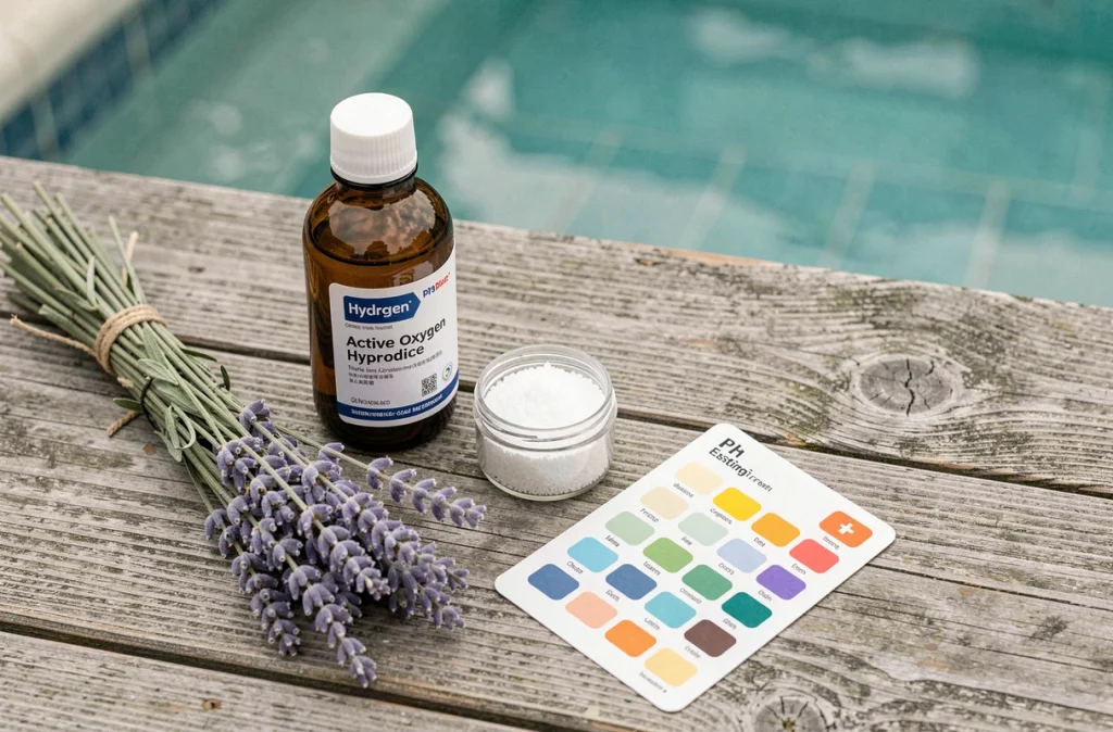 Produits alternatifs au chlore pour traiter l'eau de piscine : eau oxygénée, oxygène actif et bandelettes de test de pH