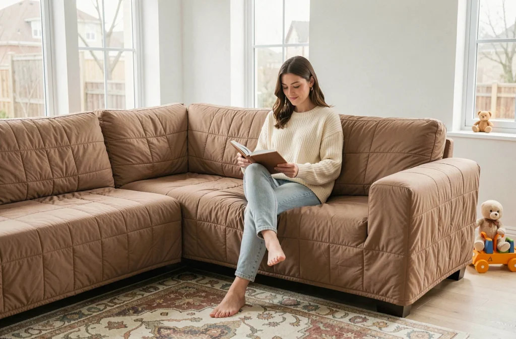 Femme assise sur un canapé d'angle recouvert d'un protège canapé matelassé taupe dans un salon familial contemporain