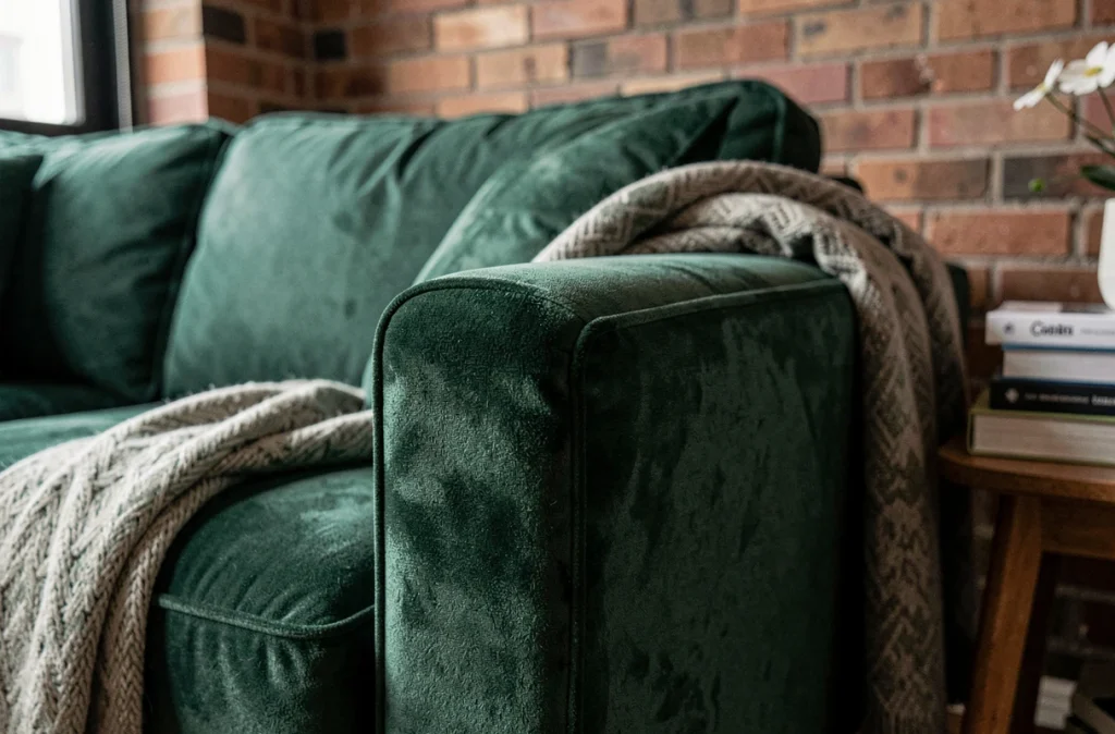Zoom sur un protège canapé d'angle en velours vert forêt bien ajusté sur un canapé dans un appartement cosy