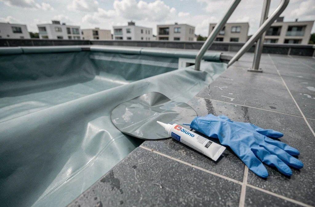 Kit de réparation de liner de piscine posé sur le bord avec patch vinyle et colle sous-marine pour entretien préventif
