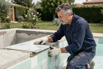 Poseur de carrelage mosaïque en céramique appliquant un revêtement sur les parois intérieures d'une piscine en construction dans un jardin résidentiel
